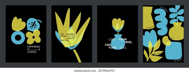 Colorful abstract designs with yellow and blue vector shapes. Positive quotes posters. Vibrant art with blue and yellow colors and motivational text. Set of black yellow and blue vector posters.