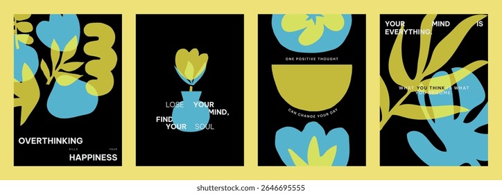 Colorful abstract designs with yellow and blue vector shapes. Positive quotes vector posters. Vibrant art with blue and yellow colors and motivational text. Set of yellow and blue vector posters.