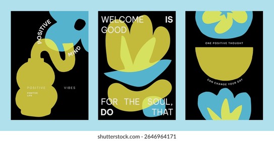 Colorful abstract designs with yellow and blue vector shapes. Positive quotes posters. Vibrant art with blue and yellow colors and motivational text. Set of black yellow and blue vector posters.
