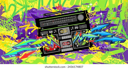 Colorful Abstract Detailed Ghetto Blaster Urban Style Hiphop Graffiti Street Art Vector Template