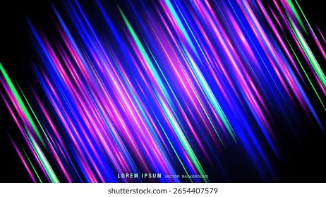 Colorful abstract digital background with diagonal streaks of glowing neon lights in pink, purple, blue, and green. Perfect for digital design or tech content. Vector illustration