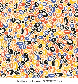 Patrón de puntos de Doodle Abstractas colorido con textura Grunge. Círculos grunge dibujados a mano con textura de pincel áspera y Formas abstractas juguetonas. Vibrantes derroches artísticos, puntos retro dispersos perfectos para