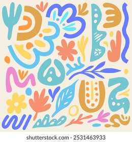 Colorful abstract doodle illustration featuring vibrant floral and natural shapes. Perfect for modern design, packaging, or decor. Adds a playful and artistic touch with its mix of bright pastel tones