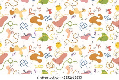 Colorful abstract doodle line and shape seamless pattern. Creative minimalist style art background