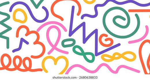 Modelo abstracto colorido del doodle con líneas y Formas dibujadas a mano juguetonas en el fondo blanco.