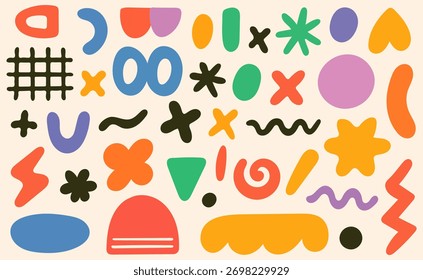 Colorful Abstract Doodle Pattern with Playful Shapes and Hand Drawn Elements on Light Background