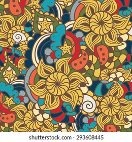 Colorful abstract doodle pattern with sun, flowers and different decorative elements