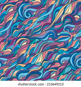 Colorful abstract doodle seamless pattern waves and clouds