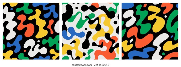Colorful abstract doodle shape seamless pattern set. Creative minimalist style art background collection, trendy design with basic shapes. Primary color wallpaper print backdrop bundle.