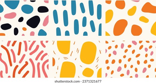 Colorful Abstract Doodle Shape Seamless Pattern Set. Creative Minimalist Style Art Background Collection, Trendy Design With Basic Shapes. Primary Color Wallpaper Print Backdrop Bundle