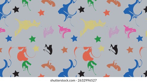 Colorful abstract doodle shape seamless pattern. Creative minimalist style art background, trendy design with basic shapes. Modern color wallpaper print backdrop.

