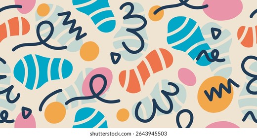 Colorful abstract doodle shape seamless pattern. Creative minimalist style art background, Scribble decoration wallpaper.