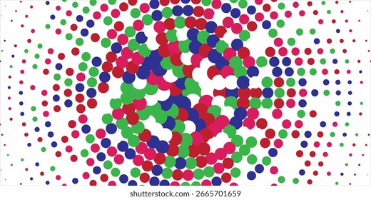 Colorful abstract dot pattern with red, green, blue, and pink circular shapes arranged in a spiral geometric design on a white background.