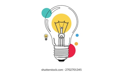 Pontos e círculos abstratos coloridos ao redor de uma lâmpada de ideia brilhante.