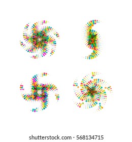 Colorful abstract dotted star. Halftone effect festive surface with colored particles. Multicolor dots on white background. Retro, vintage, hipster style starburst