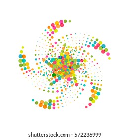 Colorful abstract dotted star. Halftone effect festive surface with colored particles. Multicolor dots on white background. Retro, vintage, hipster style starburst