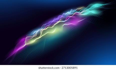 Farbiger abstrakter gepunkteter Wellenhintergrund mit leuchtenden Teilchen und fließenden Linien auf dunklem Farbverlauf. Futuristischer Effekt für digitale Technologie. Vektorgrafik.
