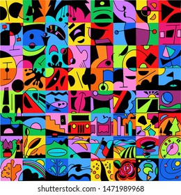 Colorful abstract drawing based on a square grid pattern, each square having solid and line elements, each in a stand-alone composition, and elements that connect to surrounding squares.