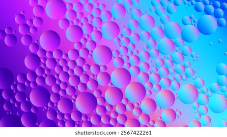 Colorful abstract dynamic background of macro view with transparent oil drops in water on gradient hues of blue purple and pink blend. Closeup vibrant oil bubbles on water surface. Vector illustration