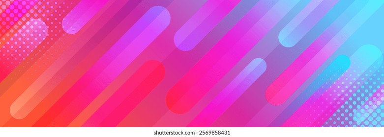 Colorful abstract dynamic banner background with halftones. Gradient diagonal stripes. Modern futuristic template banner for sales, ads, events, web, pages, and headers