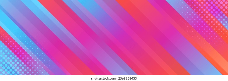 Colorful abstract dynamic banner background with halftones. Gradient diagonal stripes. Modern futuristic template banner for sales, ads, events, web, pages, and headers