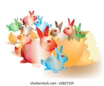 Colorful abstract Easter bunnies A group of colorful Easter bunnies on a white background
