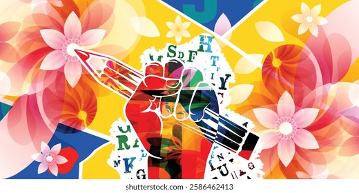 Colorful Abstract Education and Creativity Concept – Fist Holding Pencil with Letters and Floral Design	