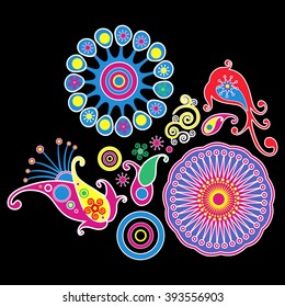 Colorful abstract element floral pattern decorative on black background. Stylized flowers vector.