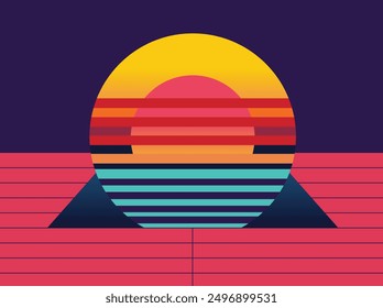 Colorful abstract elements of skyline with symbolic of landscape and sunset, perfect for summer travel designs