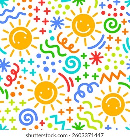Colorful abstract elements and sun cartoon seamless pattern design for summer holidays background.