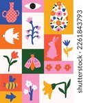 Colorful abstract elements tiles set. Matisse inspired abstract flowers, butterfly, bird, vase shapes vector illustration.Minimal hand drawn style flat vector poster.