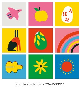 Colorful abstract elements tiles set.  Abstract flowers, bird, easter bunny, egg. Minimal hand drawn style flat vector poster.