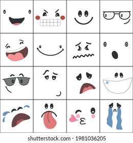 colorful abstract Emoticons set. comic Faces with various Emotions.  Different colorful characters. Cartoon style. Flat design. faces emoticon smile, digital expression emotion feelings