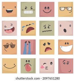 colorful abstract Emoticons set. comic Faces with various Emotions. Flat design.  Emoji faces emoticon smile, digital smiley expression emotion feelings, chat messenger cartoon emotes.