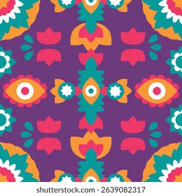 Colorful Abstract Eye Motif Pattern – Bold seamless design with stylized eyes, floral shapes, and vibrant geometric elements on a purple background. 