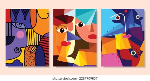 Colorful abstract face background set. Cubism art style geometric shapes and lines vector design.