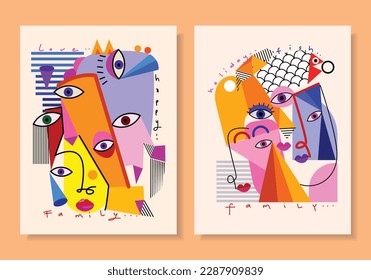 Colorful abstract face background set. Cubism art style geometric shapes and lines vector design.