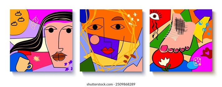 Colorful abstract face background set. Cubism art style geometric shapes and lines vector design