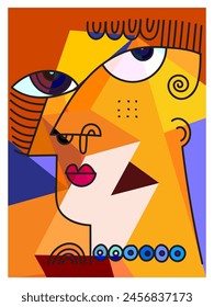  Ilustración vectorial dibujada a mano del arte del cubismo del retrato de la cara abstracta colorida, decorativa, arte de la línea. Diseño estético para arte de pared, decoración, póster, tarjeta y cubierta.