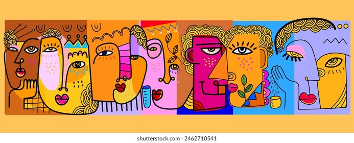 Bunte abstrakte Gesichtsporträt Doodle Kubismus Kunststil, dekorative, Linie Kunst handgezeichnete Vektorillustration. Ästhetisches Design für Wandkunst, Dekoration, Poster, Karte und Abdeckung.