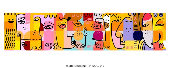 Bunte abstrakte Gesichtsporträt Doodle Kubismus Kunststil, dekorative, Linie Kunst handgezeichnete Vektorillustration. Ästhetisches Design für Wandkunst, Dekoration, Poster, Karte und Abdeckung.