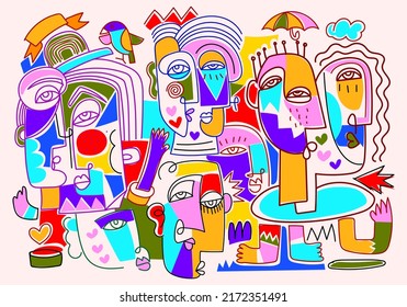 Colorful abstract face portrait  ethnic decorative   line art hand drawn vector illustration 
