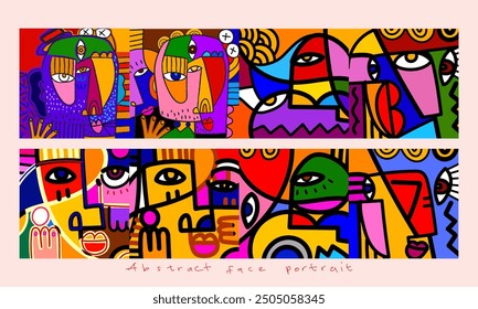 Colorful abstract face portrait line art, doodle, geometric, decorative hand drawn vector illustration. Aesthetic design for wall art, cards, poster, cover and art print.