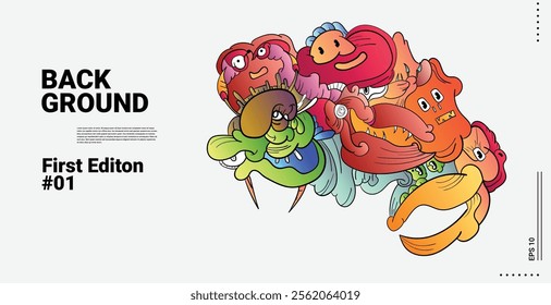 Colorful Abstract Faces or Bird characters with funny faces. Smiling monster, monsters with big eyes and teeth, Fang, bird, cute illustration Background Template for Web Design, Landing page material