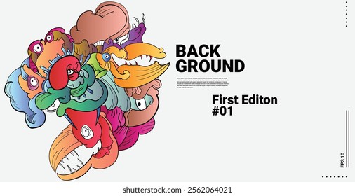 Colorful Abstract Faces or Bird characters with funny faces. Smiling monster, monsters with big eyes and teeth, Fang, bird, cute illustration Background Template for Web Design, Landing page material