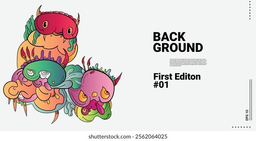 Colorful Abstract Faces or Bird characters with funny faces. Smiling monster, monsters with big eyes and teeth, Fang, bird, cute illustration Background Template for Web Design, Landing page material