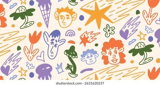 Colorful Abstract Faces, Flowers, Stars, Comets, Mushrooms, Hearts. Childlike Hand Drawn Doodle Seamless Pattern. Fun Cartoon Elements in Crayon Style. Vector Illustration.