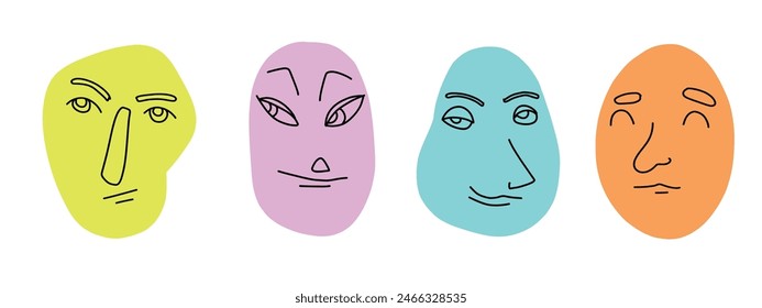 Colorful abstract faces, minimalistic line art, vibrant expressions, modern illustration, playful design.