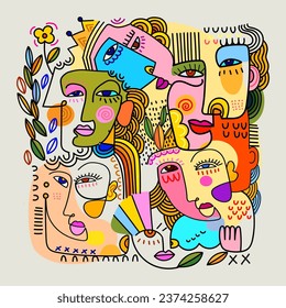 Colorful abstract faces portrait decorative drawing hand drawn vector illustration wall art decoration background.