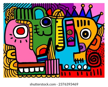 Colorful abstract faces portrait line art decorative hand drawn vector illustration wall art, cards, cover, poster, prints design.